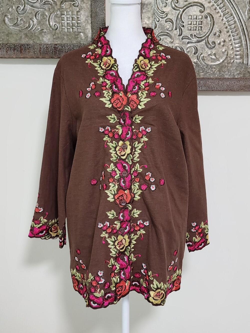 Susan Graver Brown Floral Embroidered Linen Blend Button Down Tunic Blouse Large